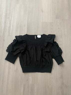 We Are Sundays Smocked Ruffle Puff Sleeve Cropped Blouse Top Black Size Small
